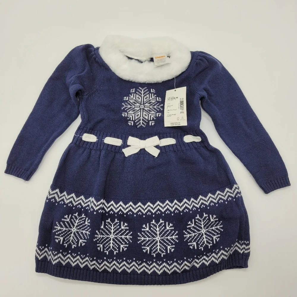 Gymboree Sweater Dress Navy Blue Snowflake Design Winter Holiday Size 12-18m NEW